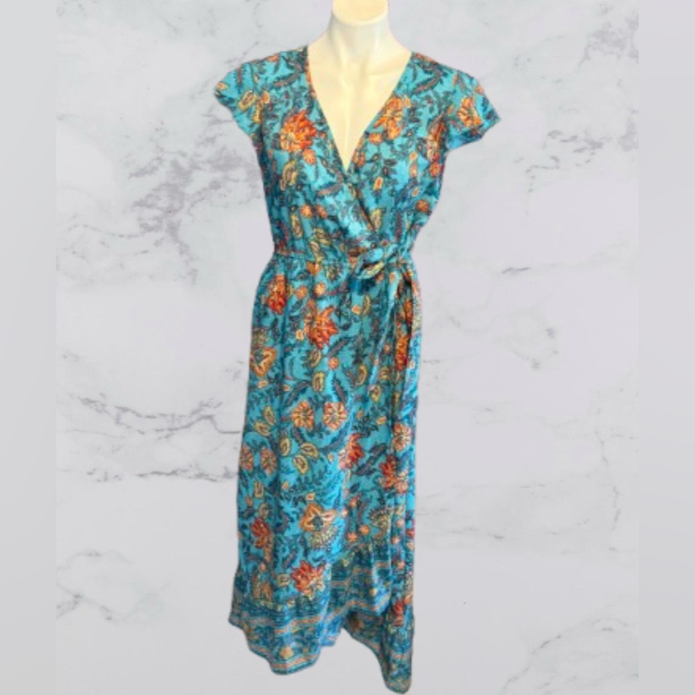 Band Of The Free Bohemian Blue and Orange Flutter Short Sleeve Wrap Maxi Dress